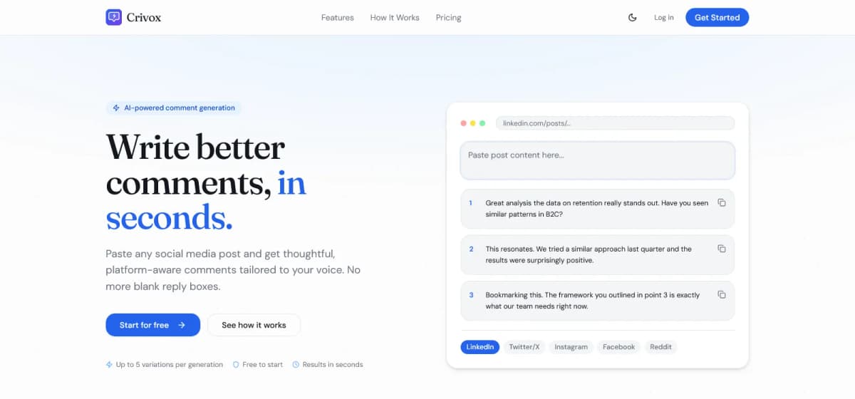 Crivox – AI comment generator dashboard